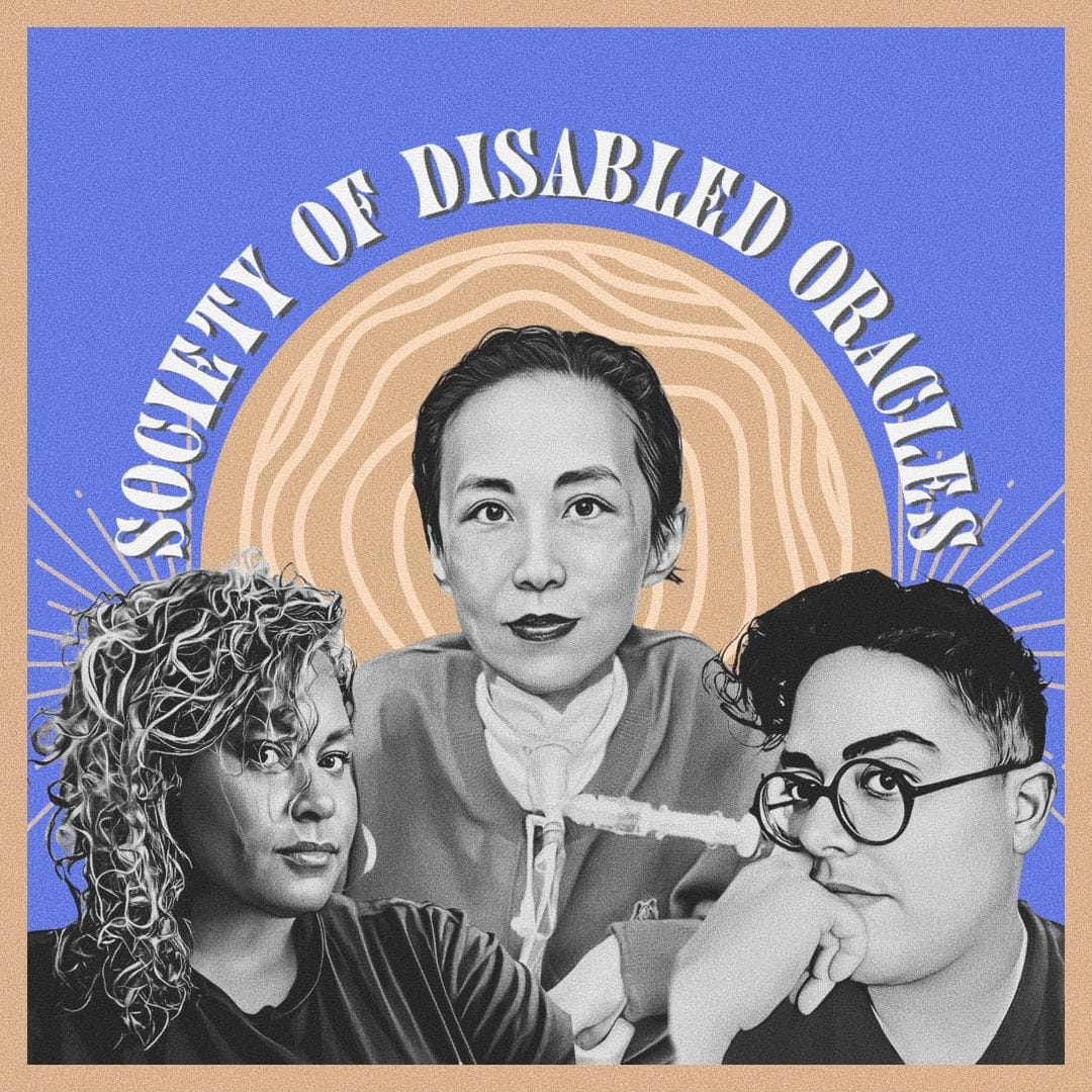 From left to right: Digital collage that includes Black and white photo portraits of three people staring pensively at the camera, an Afro-Latina person with medium length curly hair swept to one side of her shoulders, An Asian person smiling, she is wearing a trach at her neck and wearing a crew neck blouse. She is sitting in her power wheelchair. An Iranian person with short, dark curly hair and circular. They wear a black shirt while their hand rests on their chin. Around each persons head rests an illustrated cream colored circle crown on a purple background. Artist credit: Jen White-Johnson