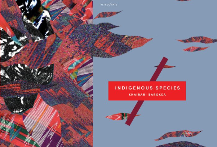 Image description: book cover featuring abstract artwork in with multiple colors, patterns, and shape. On the right-half of the image against a periwinkle blue background is the following text: Tilted/Axis, Indigenous Species, Khairani Barokka. Artwork by: Khairani Barokka