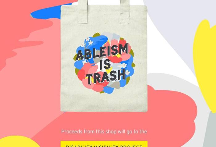 Image description by @jeeheipark: Colorful, abstract background. Tote bag with circular floral illustration and overlaid text that reads “Ableism is trash.” Bottom text reads “Proceeds from this shop will go to the Disability Visibility Project, an online community dedicated to amplifying disability media and culture.”