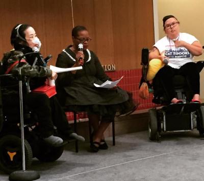 Photo from October 13, 2018 Disability & Intersectionality Summit satellite event at the Ed Roberts Campus, a panel discussion moderated by Robin Wilson-Beattie (center), Alice Wong (left) and Stacey Milbern (right). Photo credit: Claire Light