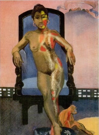 “Annah #532.98, detail, digital collage, Khairani Barokka”. Photo shows the painting Annah La Javanaise by Paul Gauguin, a brown girl depicted naked on a chair with a monkey at her feet, overlaid with digital illustration marking pathways of pain with red and yellow.