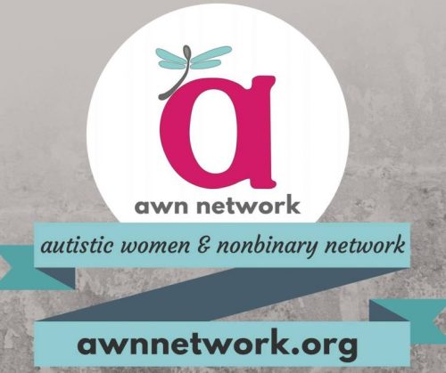 Image description: lower case letter ‘a’ in pink with a dragonfly on top of it and beneath it reads: “awn network.” There is a light turquoise banner going across underneath the letter ‘a’ in zig-zag with the words: “autistic women & nonbinary network awnnetwork.org”