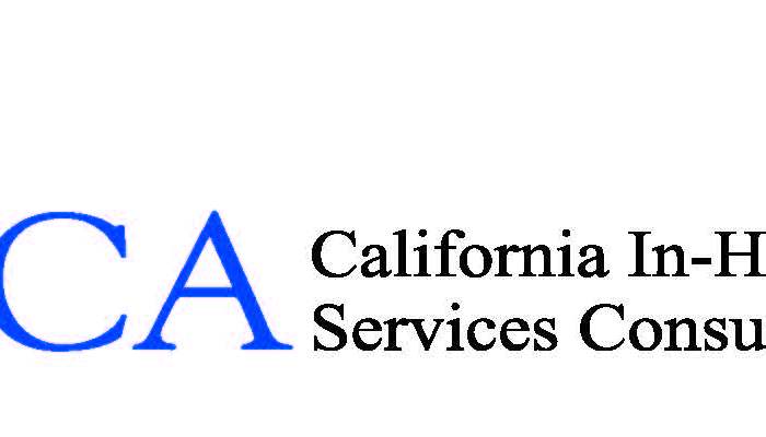 A logo for California In Home Supportive Services Consumer Alliance (CICA) the letters CICA are capitalized with three stick figures perched atop the letter 'C' and wings coming out of the left side.
