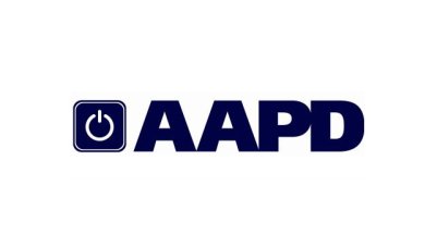 Graphic with a white background. In the center in bold capital letters in dark navy blue: AAPD. To its left is a square image with a white circle inside that looks like an 'on' or 'start' button also in dark navy blue.