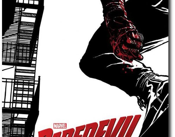 Concept art of Daredevil: Drawing in black and white of a metal fire escape ladder on the left and on the right is the profile of a man dressed in black with a blindfold, his hand is dripping red with blood. He is perched on a building. In the lower-middle portion of the image are the words: MARVEL DAREDEVIL