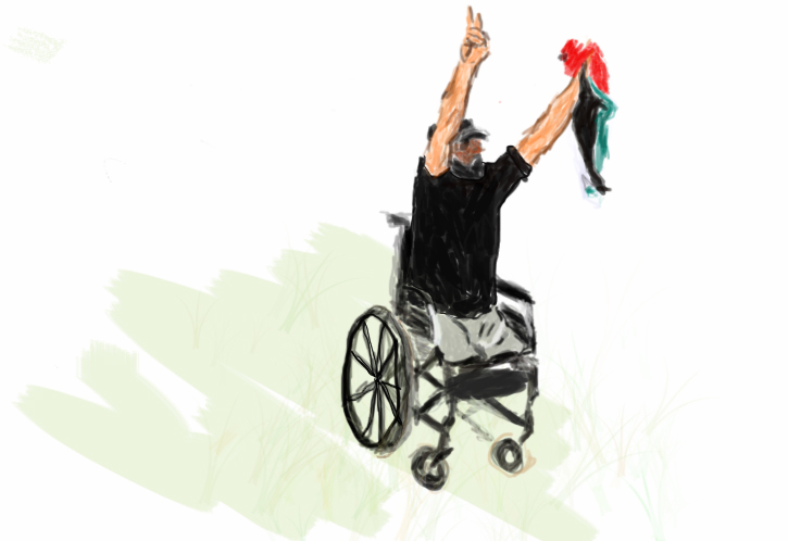 Digital sketch drawing by Kalyn Heffernan of Ibrahim Abu Thurayeh on the front lines in Gaza. Holding high a peace sign and the Palestinian flag in a wheelchair as a double amputee with no legs. Shot and killed by israeli soldiers at 29 yrs old after being shot losing both his legs for protesting