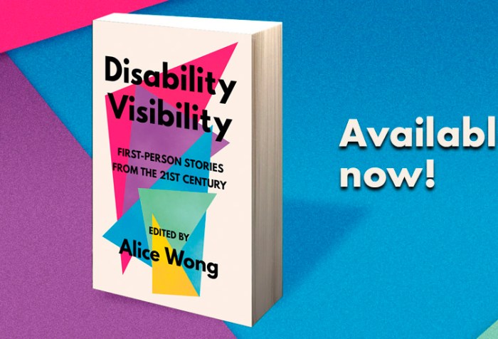 Graphic with a background of overlapping triangles in bright colors with text: Available now! In the middle is an image of a book titled ‘Disability Visibility: First Person Stories from the 21st Century Edited by Alice Wong’ the book cover has overlapping triangles in a variety of bright colors with black text overlaying them and an off-white background. Book cover by Madeline Partner.