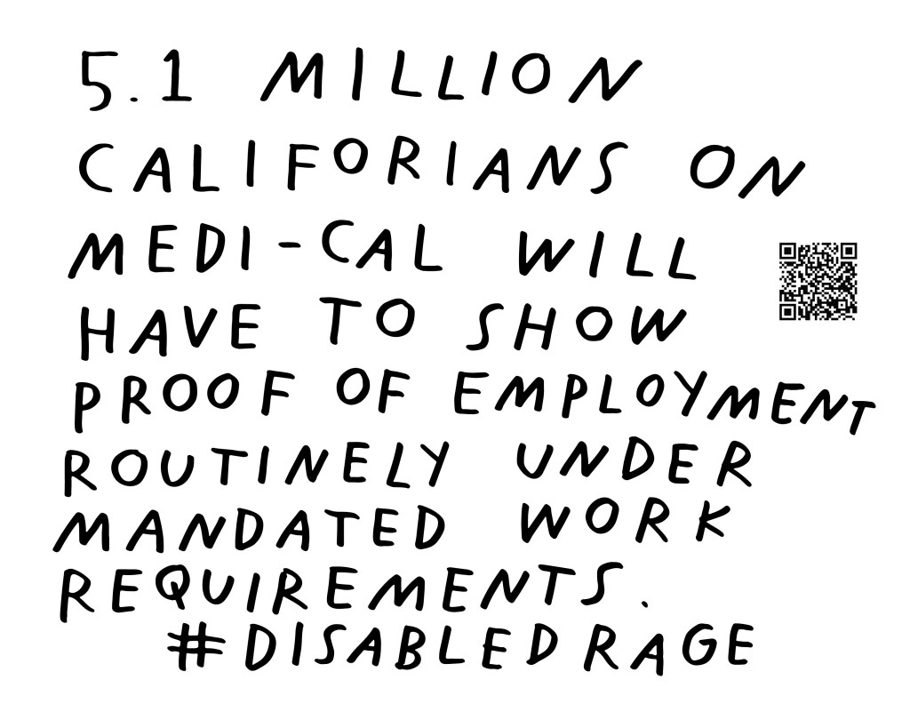 Graphic by Finnegan Shannon with a white background and black text. Below is a QR code and hashtag #DisabledRage. Text reads,