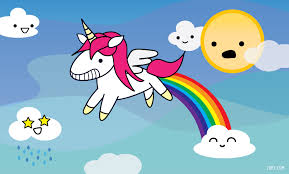Image of a unicorn farting a rainbow with clouds that have smiley faces and a