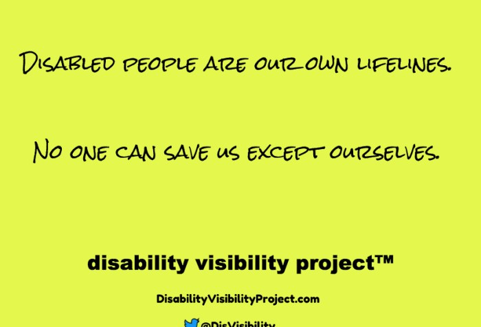Yellow background with black text that reads: Disabled people are our own lifelines. No one can save us except ourselves. Disability Visibility Project™ DisabilityVisibilityProject.com Twitter logo in the shape of a bird, @DisVisibility