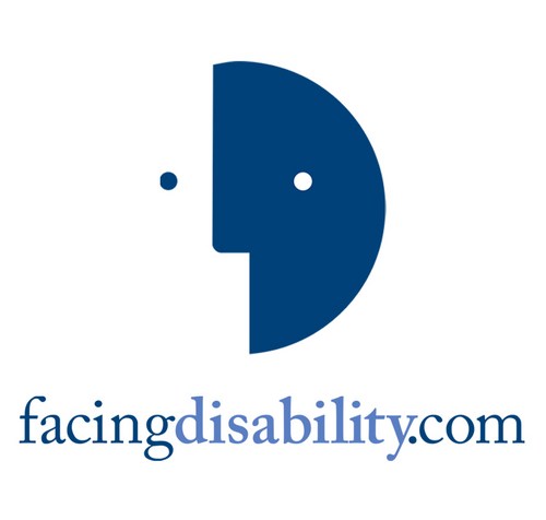 Graphic of a round face that is split in half in blue and white, on the white side there is an eye in the shape of a blue dot and on the blue side there is a white spot as the eye. Below the image are the words: facing disability.com