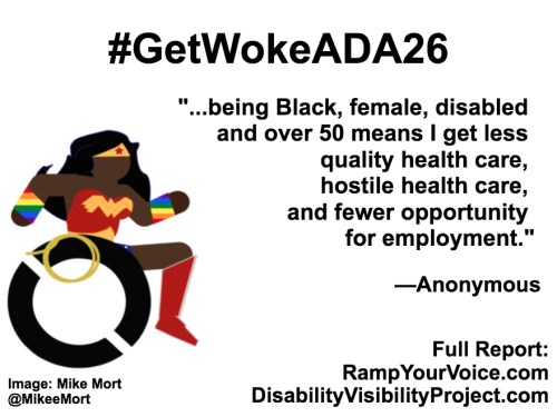 White background with black text that reads: #GetWokeADA26 “...being Black, female, disabled and over 50 means I get less quality health care, hostile health care, and fewer opportunity for employment.” —Anonymous. On the left-hand side is an image of a Black Wonder Woman character in a wheelchair. She has rainbow wristbands and a golden lasso by her wheel. Image: Mike Mort @MikeeMort. On the lower right-hand side: Full report: RampYouVoice.com DisabilityVisibilityProject.com