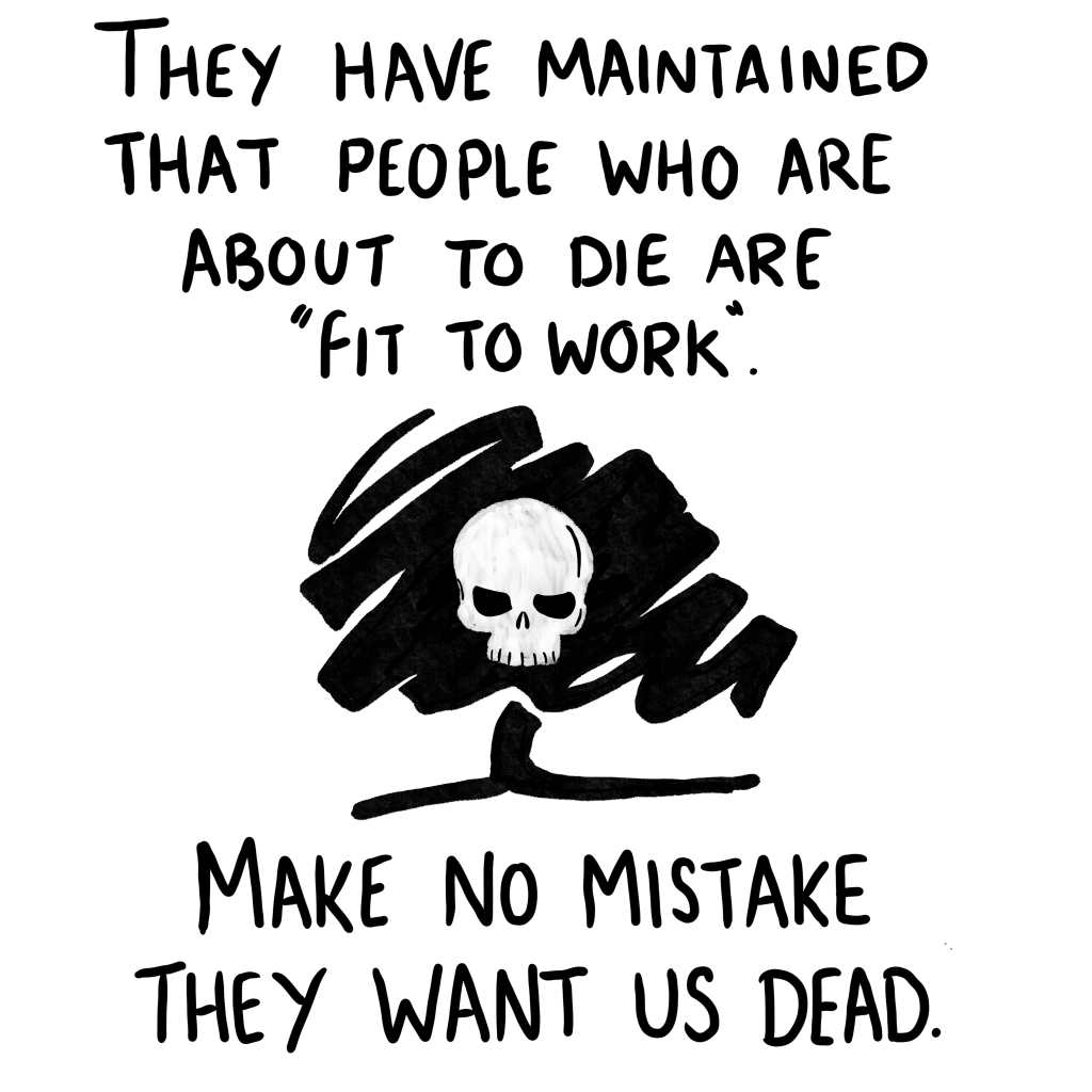 Panel 6: "They have maintained that people who are about to die are fit to work. Make no mistake they want us dead," This is illustrated with the tree logo of the Conservative Party with a skull in the center