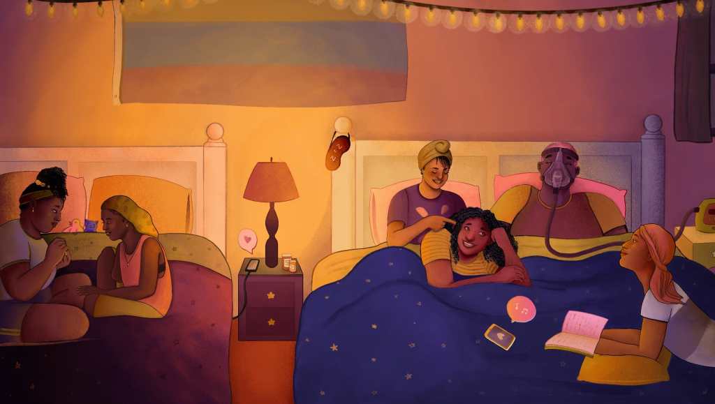 A group of disabled queer Black folks talk and laugh at a sleepover, relaxing across two large beds. Everyone is dressed in colorful t-shirts and wearing a variety of sleep scarves, bonnets, and durags. On the left, two friends sit on one bed and paint each other’s nails. On the right, four people lounge on a bed: one person braids another’s hair while the third friend wearing a C-PAP mask laughs, and the fourth person looks up from their book. In the center, a bedside lamp illuminates the room in warm light while pill bottles adorn an end table. Credit: Jonathan Soren Davidson for Disabled And Here. https://affecttheverb.com/disabledandhere/