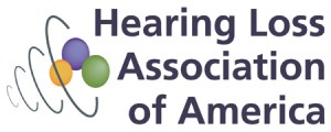 Image of a logo with the text: Hearing Loss Association of America. The logo is three spheres clustered together with a series of rings around the spheres.  