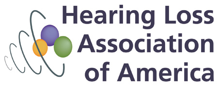 Image of a logo with the text: Hearing Loss Association of America. The logo is three spheres clustered together with a series of rings around the spheres.