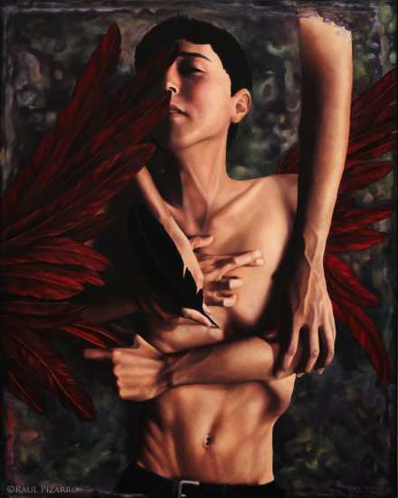 A photo of a 2009 oil on canvas painting by Raul Pizarro titled, “Daedalus,” featuring a self-portrait of a brown-skinned young man with his arms crossing his bare and sunken-in chest. Red feathered wings encircle him and two arms reach down from above.