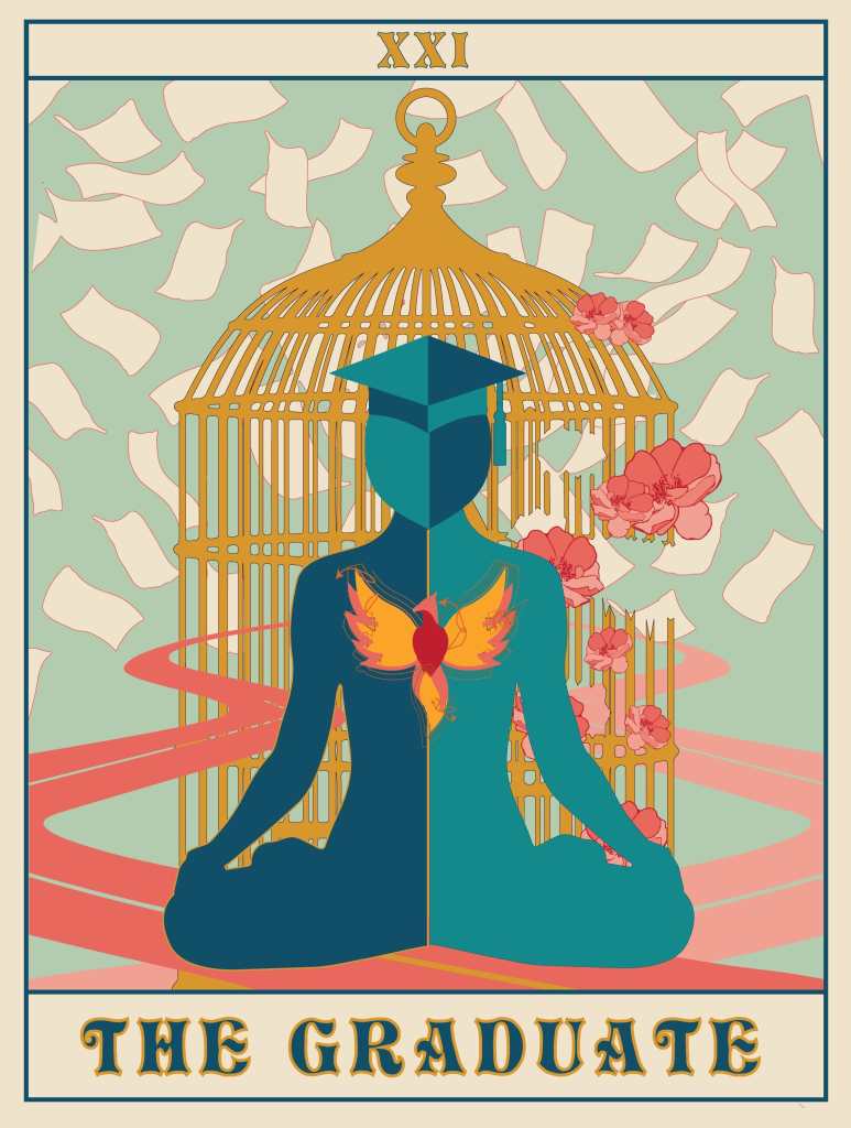 The Graduate is at once grounded in the earth and floating in space, surrounded by pieces of paper scattered to the wind. In the center is a figure with a graduation cap perched carefully atop their head and a burgeoning phoenix at their chest. Behind the Graduate are two winding paths and a gilded, golden cage with flowers blooming from its partially broken bars. Illustrated by Kat Woodward.