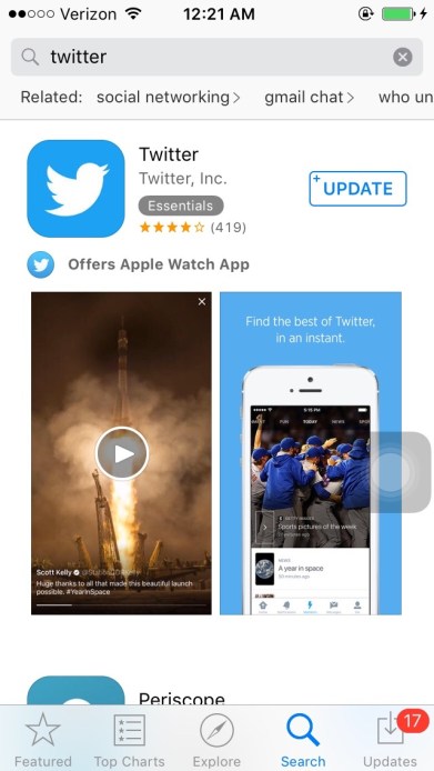 Screenshot of the App Store on an iPhone showing the Twitter app 