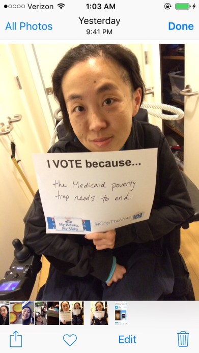 Screenshot of an iPhone's Photo library with an image of an Asian American woman in a wheelchair holding a white piece of paper that says, "I Vote because...the Medicaid poverty trap needs to end."
