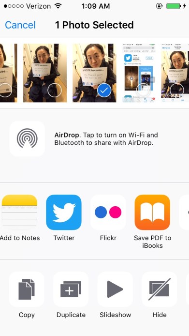Screenshot of an iPhone's photo app with one image selected among a row of other photos. Below are options to share the image on various apps, including Twitter.