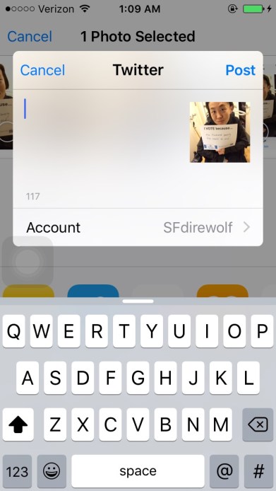 Screenshot of an iPhone that selected a photo to post on Twitter. A small window appears with a keyboard underneath