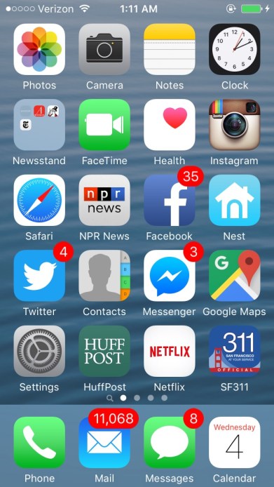 Screenshot of an iPhone with a six rows of various icons indicating apps and other functions of a smartphone.
