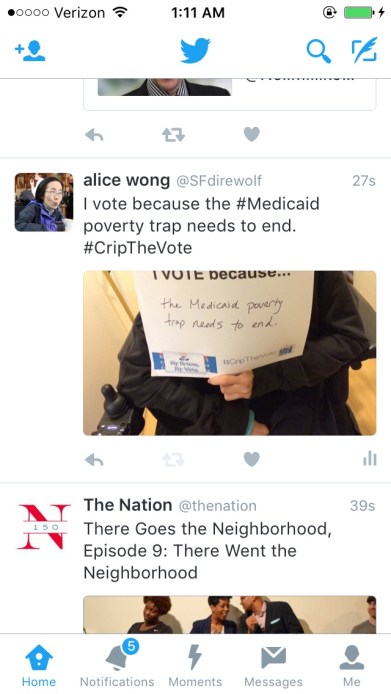 Screenshot of a Twitter app that's open showing a tweet by Alice Wong, @SFdirewolf Screenshot of a window with text written that says "I vote because the #Medicaid poverty trap needs to end #CripTheVote" Including an photo of her holding a sign with the same text. 