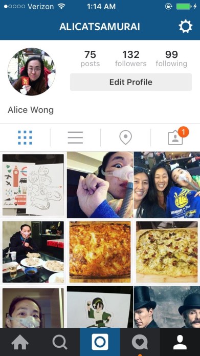 Screenshot of an Instagram app for Alice Wong, @alicatsamurai. Below are small images of her instagram images.