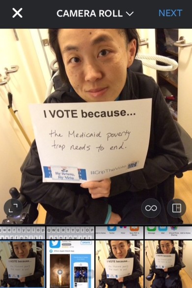 Screenshot of Instagram with an image open from the phone's Camera Roll showing a photo of an Asian American woman in a wheelchair holding a white piece of paper that says, "I Vote because...the Medicaid poverty trap needs to end."