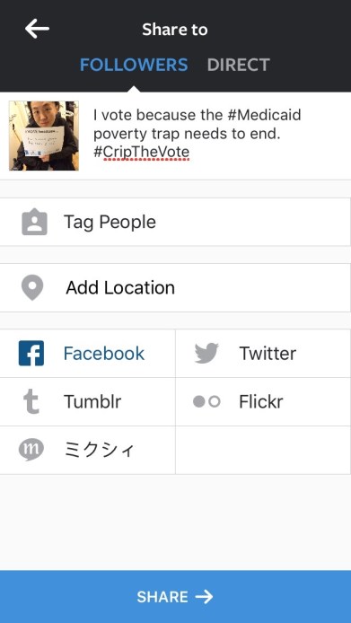 Instagram window that says, Share To. Below is the image, the caption, and several options of tagging people, adding location, and posting directly to Facebook, Twitter, Tumblr, or Flicker. Below is a Share button.