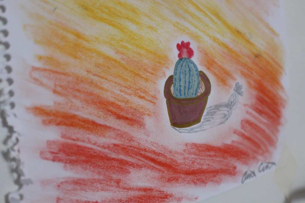 [A green cactus with a red flower on it in a brown pot. It is surrounded by vibrant red, yellow, and orange light.]