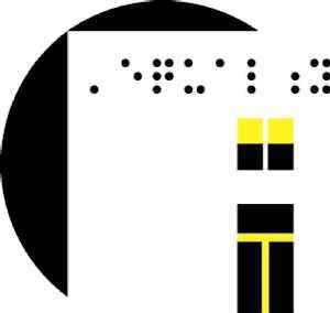 Logo of the Lighthouse featuring a white background with a black circle, a white square is in the foreground of the black circle with braille lettering and a graphic of a lighthouse