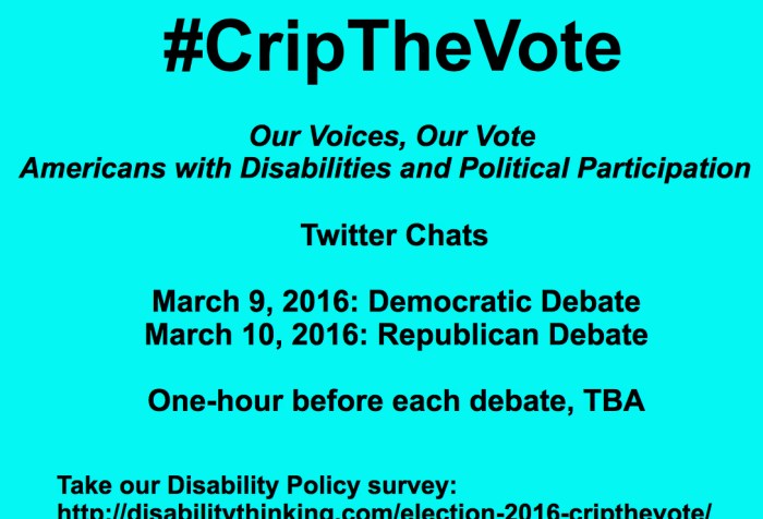 Bright aqua blue background with black text: #CripTheVote Our Voices, Our Vote Americans with Disabilities and Political Participation Twitter Chats March 9, 2016: Democratic Debate March 10, 2016: Republican Debate One-hour before each debate, time TBA Take our disability policy survey: https://www.surveymonkey.com/r/QLWH79V