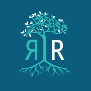 Graphic with a dark blue teal background, there is a tree in the middle with branches and leaves and long extending roots below in aqua blue. Left of the tree trunk is an 'R' that is backwards also in aqua blue and to the right of the tree trunk is an 'R' that is in white.