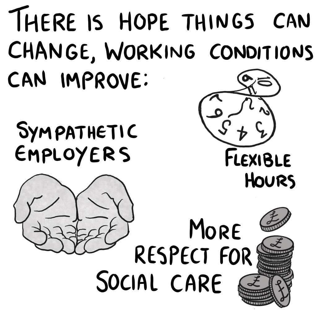 Panel 11: "There is hope things can change: flexible hours, sympathetic employers, more respect for social care." These points are illustrated with a twisted up clock, a pair of open hands, and a big pile of money because carers should be paid more already goddamnit.