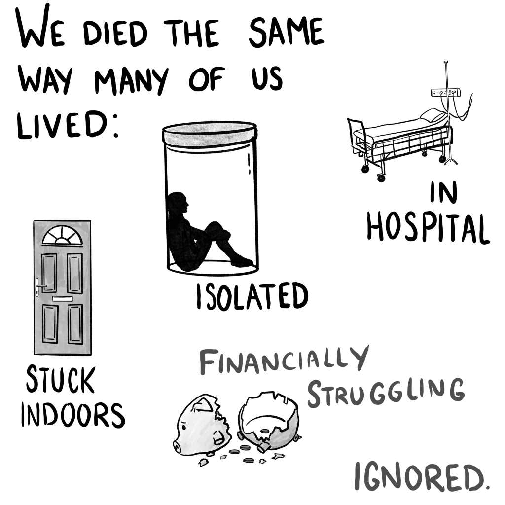 Panel 3: "We died the same way many of us lived: in hospital, isolated, stuck indoors, financially struggling, isolated." Each point is illustrated with an empty hospital bed, a silhouette sat in a jar, a closed door, a broken sad and very adorable piggy bank with little coins in it, and nothing.