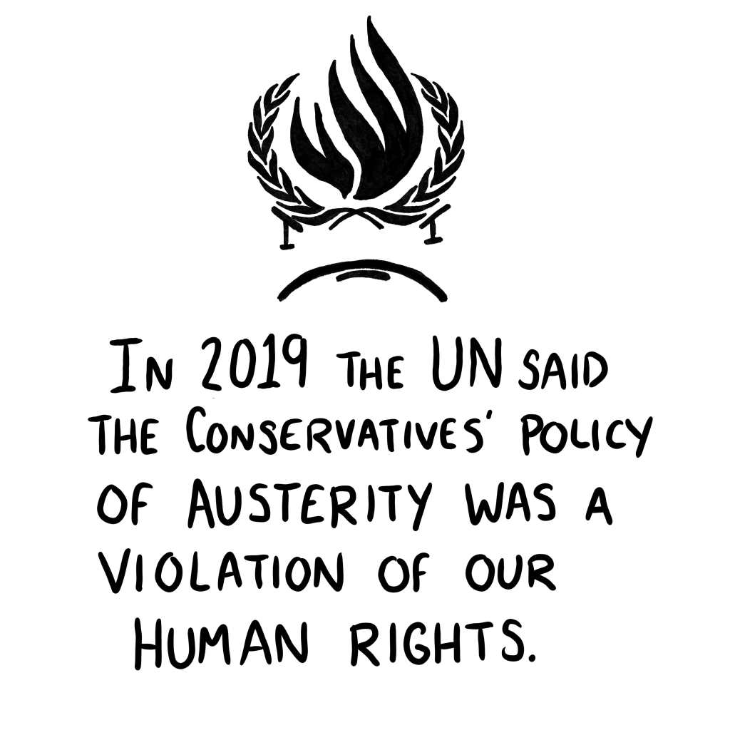 Panel 5: A version of the UN Human Right's logo but with the laurels forming the furious brows of a frowny face beneath which is the caption "in 2019 the UN said the Conservatives' policy of austerity was a violation of our human rights."