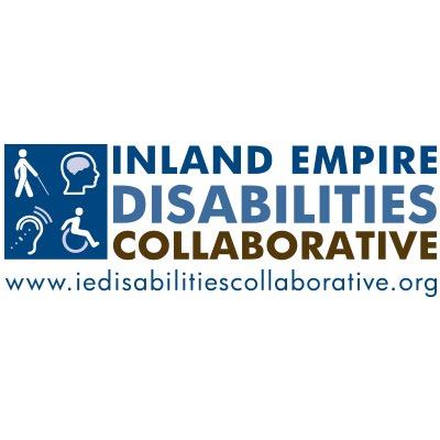 Logo that reads "Inland Empire Disabilities Collaborative www.iedisabiliiescollaborative.org" On the left hand side of the text is a square divided into four quadrants. In the four quadrants are images of the following: a stick figure with a cane, the image of a person's head and brain, an ear with lines indicating audio, an figure of a wheelchair user.