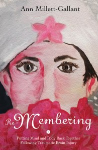 This image is the cover of my book. It features a self-portrait painting I did of myself on my wedding day. I wear a white wedding hat with a pin flower on it, and my face is covered below the nose by a bouquet of red and dark pink flowers. My eyes are emphasized in size and by long, black eyelashes. My name, Ann Millett-Gallant, is printed in black font at the top of the image, and the title of the book, Re-Membering: Putting Mind and Body Back Together Following Traumatic Brain Injury, is printed in white font at the bottom of it.