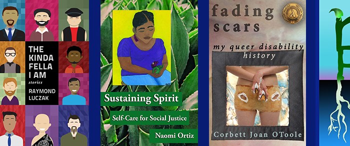 Banner shows 4 book covers: Troubleshooting by Selene dePackh, Kinda Fella I Am by Raymond Luczak, Sustaining Spirit by Naomi Ortiz, and Fading Scars by Corbett Joan OToole. At the end is the Reclamation Press short logo: a painted letter “p” has roots. The letter “r” is on top of the letter “p” and sprouts a green leaf at the top.