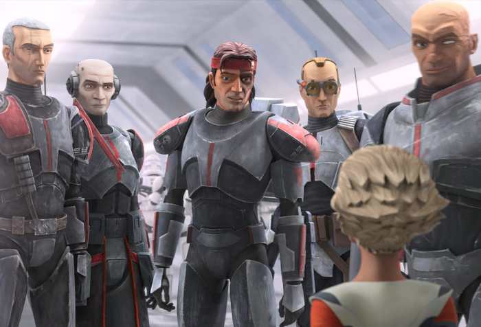 A still from the animated series Star Wars: The Bad Batch featuring the main characters from left to right: Crosshair, Echo, Hunter, Tech, and Wrecker. In the foreground on the lower right corner is the back of Omega, a young girl