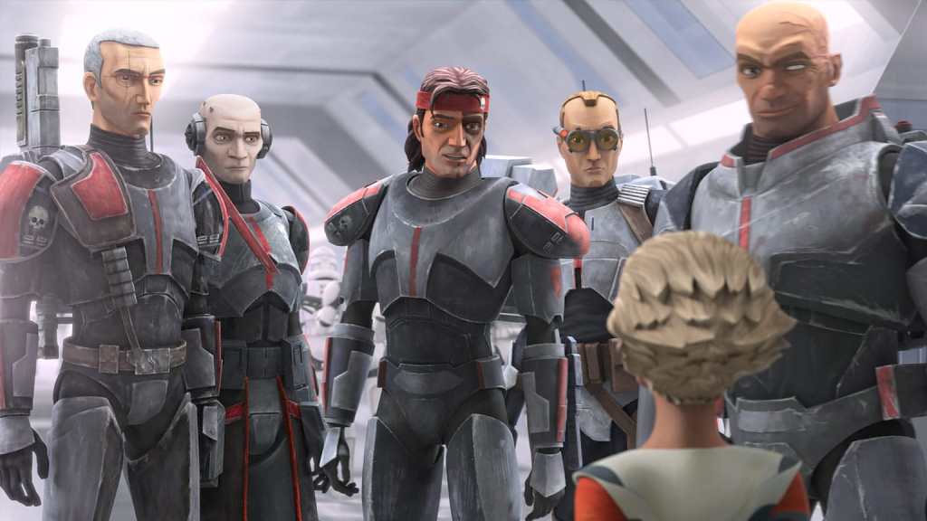A still from the animated series Star Wars: The Bad Batch featuring the main characters from left to right: Crosshair, Echo, Hunter, Tech, and Wrecker. In the foreground on the lower right corner is the back of Omega, a young girl