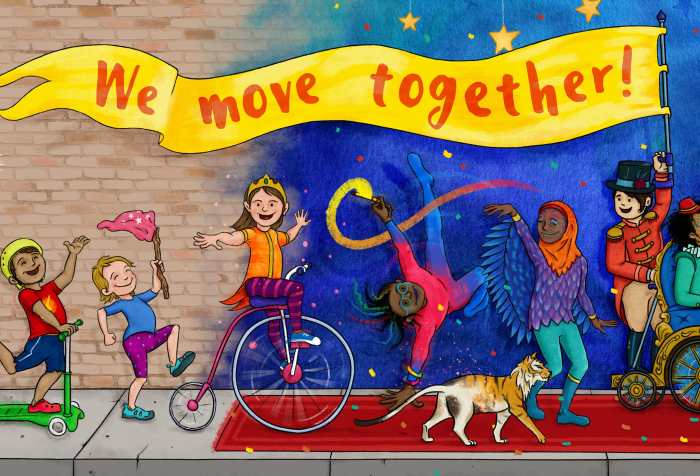 We Move Together: As eight children and a cat parade down the sidewalk, a red carpet appears, magically transforming those who move across it. The brown brick wall turns into a blue and purple night sky lit up with yellow stars. The cat becomes a ferocious tiger. One child grows wings. A power wheelchair becomes a chariot. A bicycle helmet becomes a tiara. One child is using their arm crutch to hold up a brilliant yellow banner which reads “We move together!” Illustration by Eduardo Trejos.