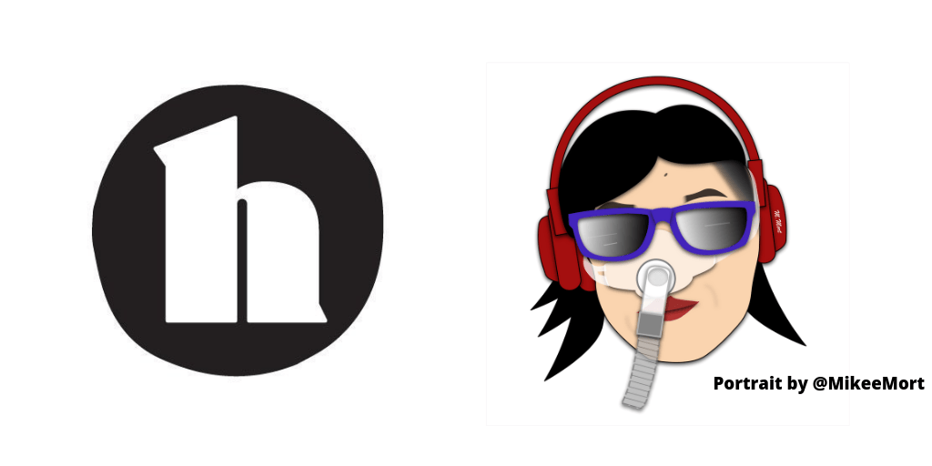 White graphic with a logo for healthline.com on the left, a large black circle with a white ‘h’ in the center. On the right, a portrait by Mike Mort featuring an Asian American woman with black hair, red lips, and red headphones over her head. She is wearing a Bi-Pap mask that covers her nose and attached to a gray tube. She is also wearing a pair of purple sunglasses. In the lower right-hand corner, “Portrait by @MikeEMort”
