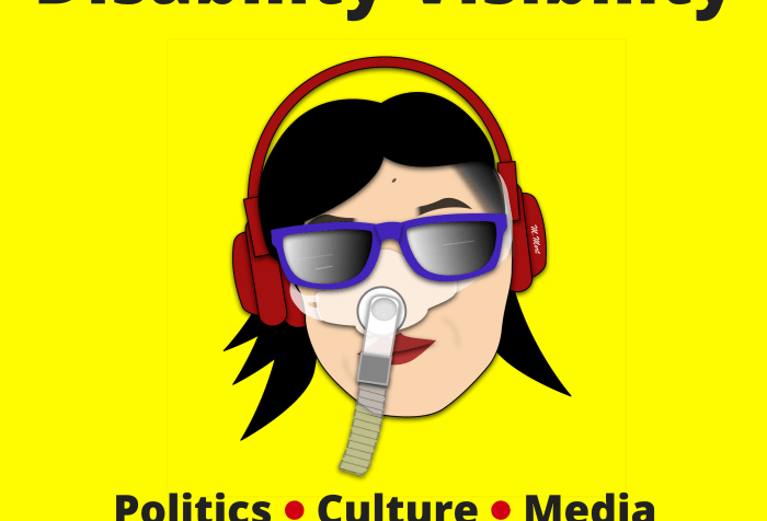 Graphic with a bright yellow background. At the top in black text: ‘Disability Visibility’. In the center: illustration by artist Mike Mort featuring an Asian American woman with black hair, red lips, and red headphones over her head. She is wearing a Bi-Pap mask that covers her nose and attached to a gray tube. She is also wearing a pair of purple sunglasses Below in black text: ‘Politics Culture Media Hosted by Alice Wong’ with a red dot between ‘politics’ and ‘culture’ and one between ‘culture’ and ‘media’.