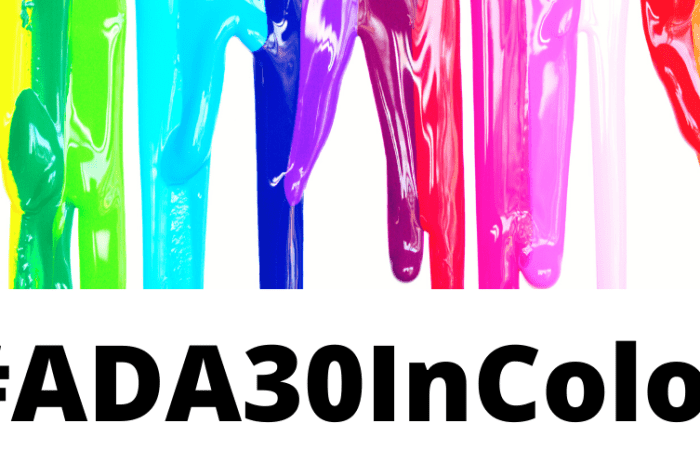 Graphic with a white background and at the top is a row of colorful paint in rainbow colors dripping down. Text in black at the bottom reads #ADA30InColor