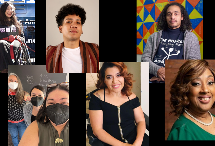 Graphic with a black background featuring photos of people. From left to right: A photo of Maria, a Latina woman with long dark hair wearing a shirt that says “Piss On Pity,” with red lips and a huge smile. She is seated in her wheelchair in front of a fence with a large sign or vehicle behind her. There is a red strap around her waist, connected to something off-screen. She appears to be at a protest or direct action. A photo of three UPRISE COLLECTIVE staff members. Brianna who is on the right is a Native/Ihanktonwan person, wearing black mask, green shirt, golden bear-shaped necklace, and wood earrings with abalone shells. In the middle is Stephanie, a Black/Native woman wearing black mask and grey cardigan. Their black hair is tied in the back. On the left is Ginia, a Blauan person, wearing a white mask, multi-colored shirt, and jeans. They are all posing in front of a blackboard. A photo of Ínaru, a non-binary black person that has brown colored skin, big lips, big cheeks, upturned eyes, wide nose and ears holding fungus stud earrings. Their haircut is a small afro and they are wearing a white shirt with a brown-colored cardigan that has black, velvet and white lines that run from the upper to the latter part of the cloth. A photo of Ashley, olive-skinned Filipina/White woman with curled reddish brown hair down to her shoulders, smiling with her head slightly to the side. She is sitting in a power wheelchair wearing a black cocktail dress with a gold zipper going down the middle with her hands crossed in her lap. Full front photo of Germán Parodi. A Puerto Rican man sitting in his wheelchair with a slight grin and hands crossed on his lap. He has brown skin, and shoulder length curly dark brown hair. He is wearing a black long sleeve shirt that says “Our Homes Not Nursing Homes ADAPT ” on it and a gray zip-up sweater on top. Behind him appears a painting with multi-colored triangles. A photo of Rickii, Black woman with curled medium-length brown hair smiling at the camera. She is wearing pearl necklace and green shirt