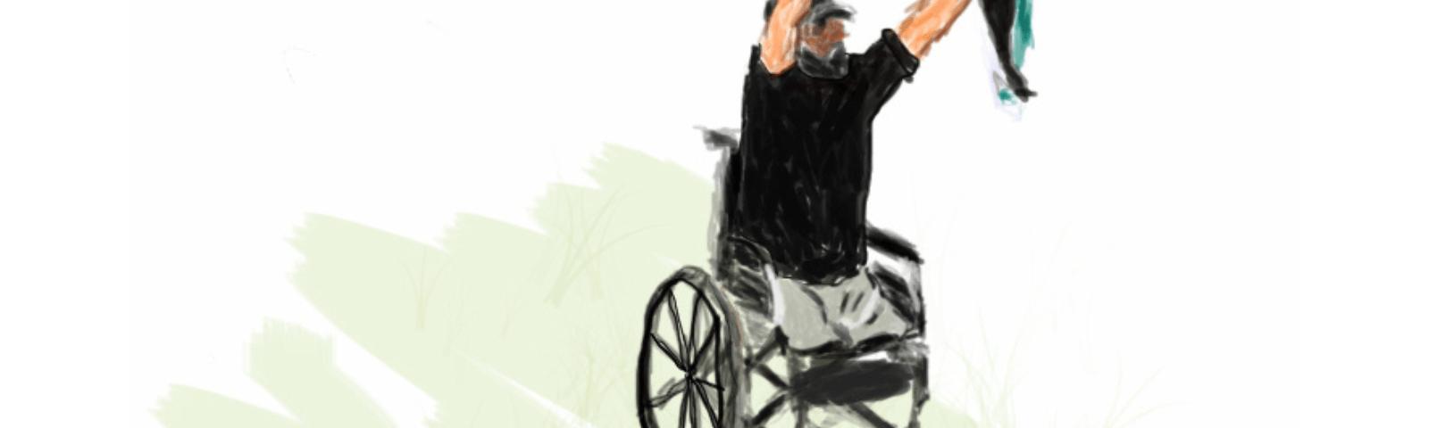 Digital sketch drawing by Kalyn Heffernan of Ibrahim Abu Thurayeh on the front lines in Gaza. Holding high a peace sign and the Palestinian flag in a wheelchair as a double amputee with no legs. Shot and killed by israeli soldiers at 29 yrs old after being shot losing both his legs for protesting