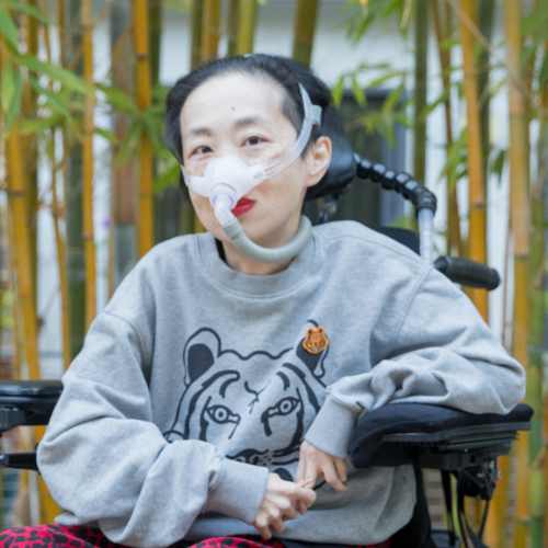 Photo of Alice Wong, an Asian American disabled woman with a mask over her nose attached to a tube for her ventilator. She is in a power wheelchair and wearing a gray sweatshirt with a tiger and leopard-print red and black pants. Behind her are bamboo trees. Credit: Eddie Hernandez Photography